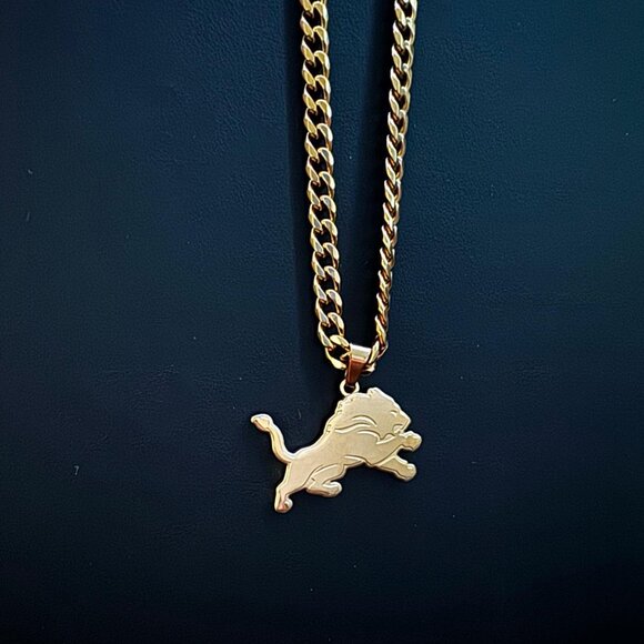 Gold Detroit Lions Necklace - 5mm Cuban - 20" Chain - NFL - Football - Sports - Picture 1 of 2